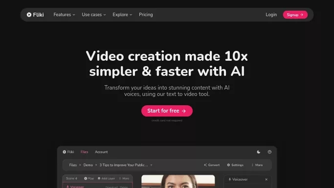 Fliki AI — бесплатная нейросеть   для редактирования видео. Бесплатная версия с ограниченным функционалом, есть платные тарифы.