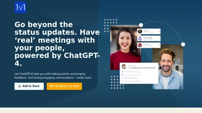 1v1 Meetings for Slack — платная нейросеть   для повышения продуктивности. Бесплатная версия с ограниченным функционалом, есть платные тарифы.