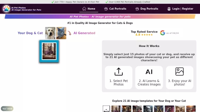 AI Pet Photos — платная нейросеть   для создания изображений,  для SMM. Бесплатная версия с ограниченным функционалом, есть платные тарифы.
