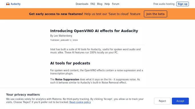 OpenVINO by Audacity — бесплатная нейросеть   для редактирования аудио,  для создания музыки,  для транскрибации аудио и видео,  для повышения продуктивности,  для помощи в образовании. 