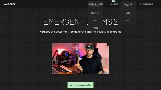 Emergent Drums — платная нейросеть   для создания музыки. Бесплатная версия с ограниченным функционалом, есть платные тарифы.