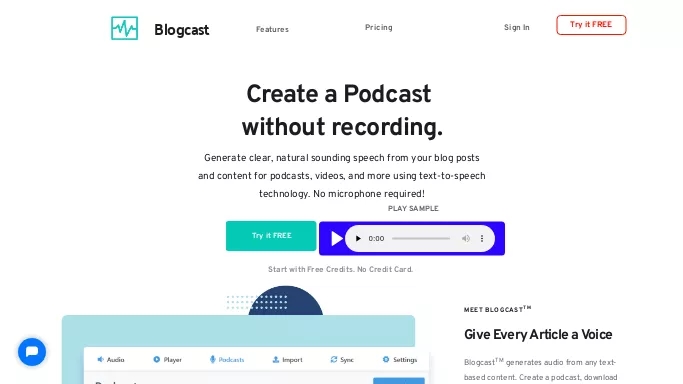 Blogcast — бесплатная нейросеть   для создания голоса. Бесплатная версия с ограниченным функционалом, есть платные тарифы.