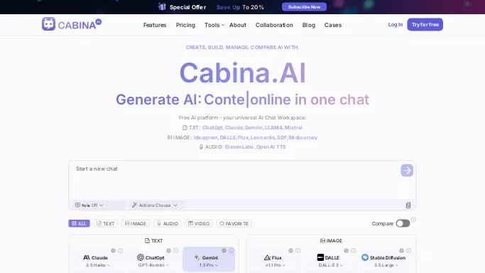 Cabina AI — бесплатная нейросеть   для написания текста,  для создания изображений,  для маркетинга. Бесплатная версия с ограниченным функционалом, есть платные тарифы.