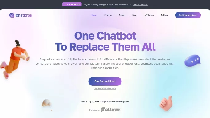 Chatbros.ai — платная нейросеть   — чат-бот,  для маркетинга. Бесплатная версия с ограниченным функционалом, есть платные тарифы.