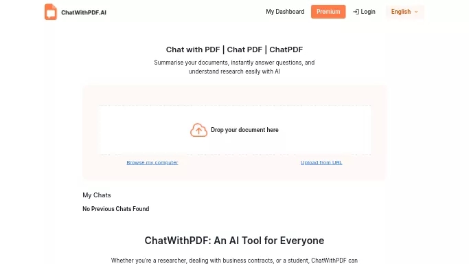 ChatWithPDF — бесплатная нейросеть   — чат-бот,  для суммаризации текста,  для повышения продуктивности,  для помощи в образовании,  для научно-исследовательской деятельности. Бесплатная версия с ограниченным функционалом, есть платные тарифы.