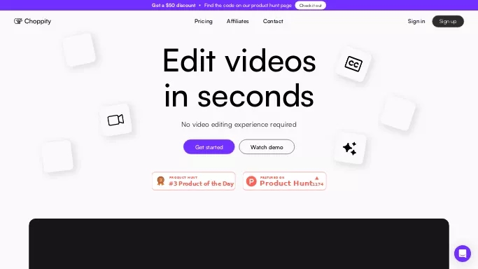 Choppity — платная нейросеть   для редактирования видео. Бесплатная версия с ограниченным функционалом, есть платные тарифы.