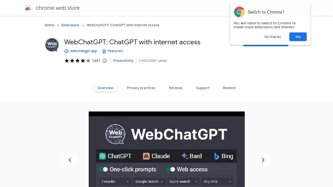 WebChatGPT — бесплатная нейросеть  , расширения ChatGPT,  для повышения продуктивности. 
