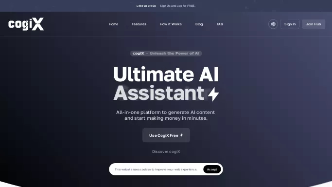 CogiX — бесплатная нейросеть   для написания текста,  для создания изображений. Бесплатная версия с ограниченным функционалом, есть платные тарифы.