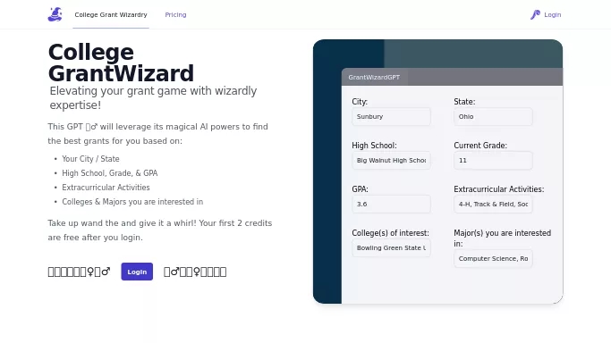CollegeGrantWizard — платная нейросеть   для помощи в образовании. Бесплатная версия с ограниченным функционалом, есть платные тарифы.