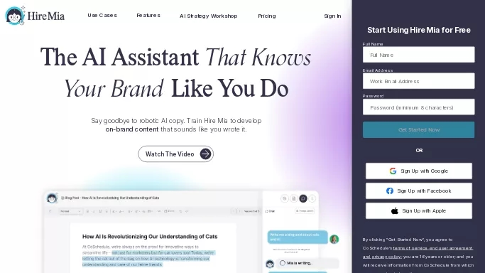 Hire Mia — бесплатная нейросеть   для маркетинга,  для копирайтинга,  для SMM. Бесплатная версия с ограниченным функционалом, есть платные тарифы.