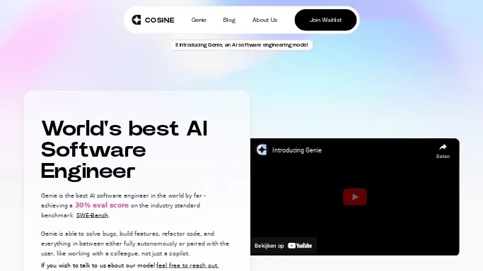 Genie by Cosine — бесплатная нейросеть   для разработки программного обеспечения. 