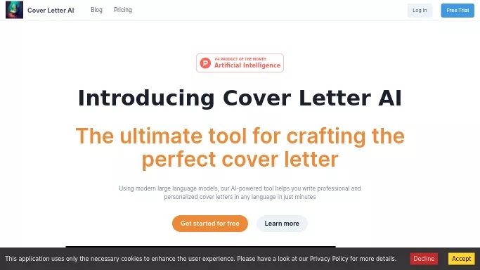 Cover Letter AI — бесплатная нейросеть   помогающая в управлении персоналом. Бесплатная версия с ограниченным функционалом, есть платные тарифы.