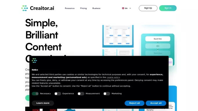 Creaitor AI — бесплатная нейросеть   для маркетинга,  для копирайтинга. Бесплатная версия с ограниченным функционалом, есть платные тарифы.