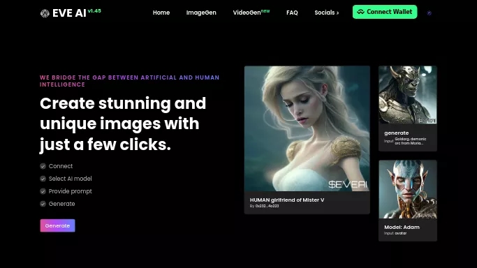 EVE AI — платная нейросеть   для создания изображений. Бесплатная версия с ограниченным функционалом, есть платные тарифы.