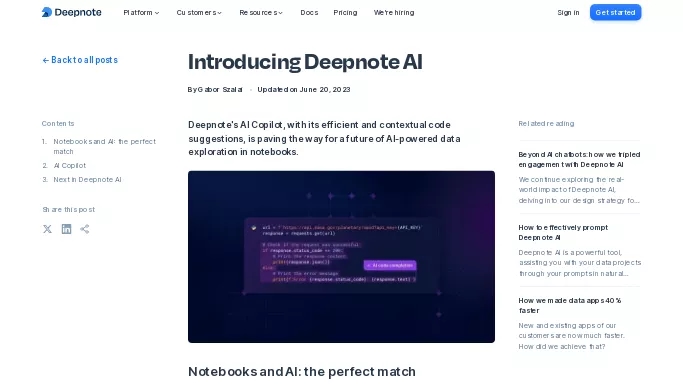 Deepnote — бесплатная нейросеть   для разработки программного обеспечения,  для научно-исследовательской деятельности. Бесплатная версия с ограниченным функционалом, есть платные тарифы.