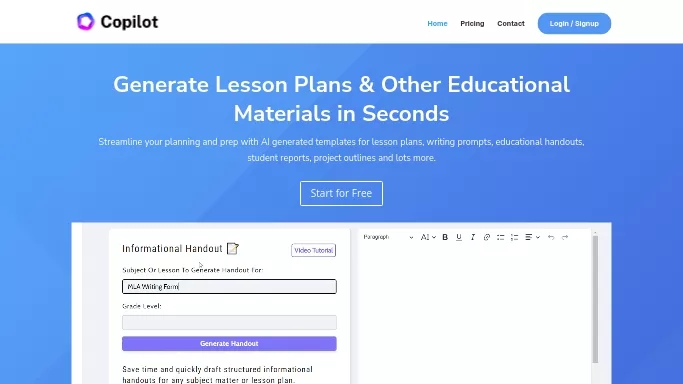Education CoPilot — бесплатная нейросеть   для помощи в образовании. Бесплатная версия с ограниченным функционалом, есть платные тарифы.