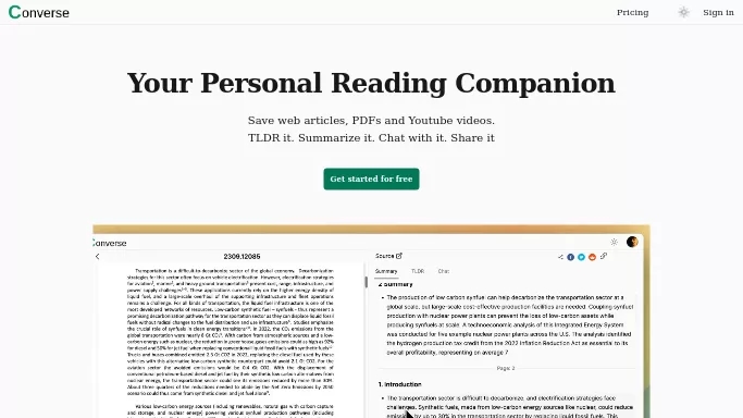Converse — бесплатная нейросеть   для суммаризации текста,  для повышения продуктивности,  для помощи в образовании. Бесплатная версия с ограниченным функционалом, есть платные тарифы.