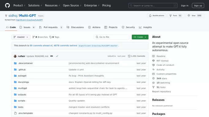 Multi-GPT — бесплатная нейросеть  , автономные ИИ (AGI),  Open Source. 