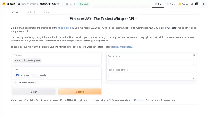 Whisper JAX — бесплатная нейросеть   для транскрибации аудио и видео,  для повышения продуктивности,  для помощи в образовании. 