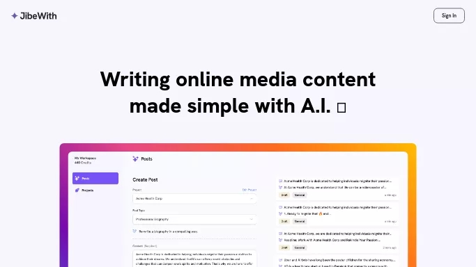 JibeWith — бесплатная нейросеть   для маркетинга,  для SMM. Бесплатная версия с ограниченным функционалом, есть платные тарифы.