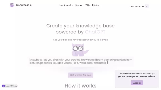 Knowbase.ai — бесплатная нейросеть   для транскрибации аудио и видео,  для повышения продуктивности,  для помощи в образовании,  для научно-исследовательской деятельности,  — чат-бот. Бесплатная версия с ограниченным функционалом, есть платные тарифы.