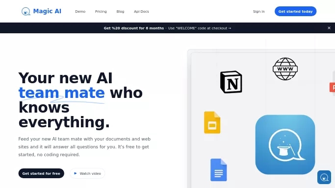 Magic AI — бесплатная нейросеть   — чат-бот. Бесплатная версия с ограниченным функционалом, есть платные тарифы.