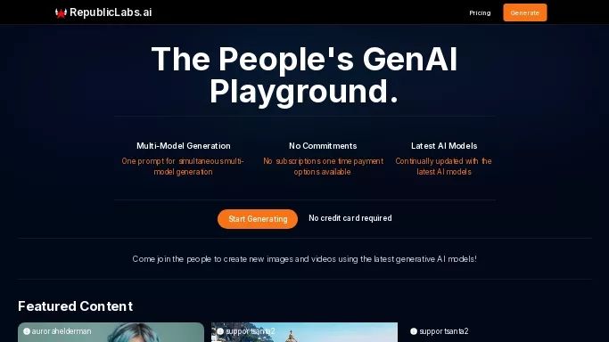 Republic Labs AI — бесплатная нейросеть   для создания изображений,  для создания видео. Бесплатная версия с ограниченным функционалом, есть платные тарифы.