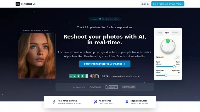 Reshot AI — платная нейросеть   для редактирования изображений. Бесплатная версия с ограниченным функционалом, есть платные тарифы.