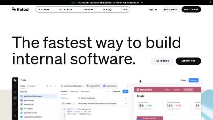 Retool — бесплатная нейросеть   для no Code/Low Code разработки,  для разработки программного обеспечения,  для маркетинга. Бесплатная версия с ограниченным функционалом, есть платные тарифы.