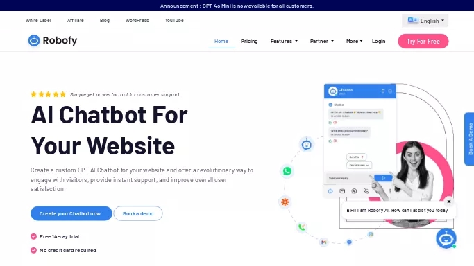 Robofy — платная нейросеть   — чат-бот,  для маркетинга. Бесплатная версия с ограниченным функционалом, есть платные тарифы.
