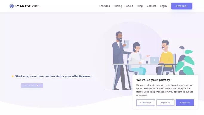 Smart Scribe — платная нейросеть   для транскрибации аудио и видео,  для повышения продуктивности,  для помощи в образовании. Бесплатная версия с ограниченным функционалом, есть платные тарифы.