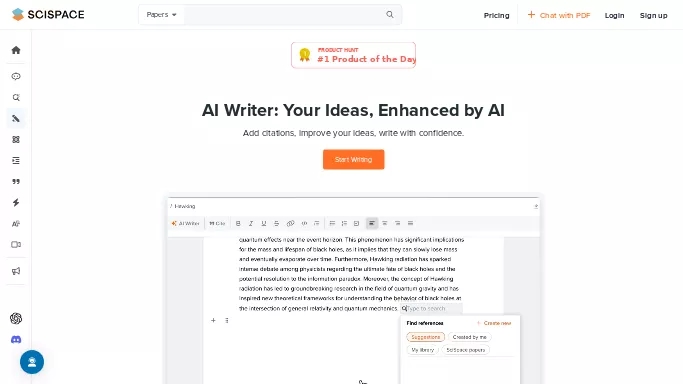 SciSpace AI Writer — бесплатная нейросеть   для научно-исследовательской деятельности,  для копирайтинга. Бесплатная версия с ограниченным функционалом, есть платные тарифы.