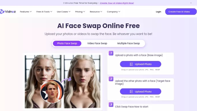 AI Face Swap By Vidnoz — бесплатная нейросеть   для развлечений,  для дипфейк(deepfake). 