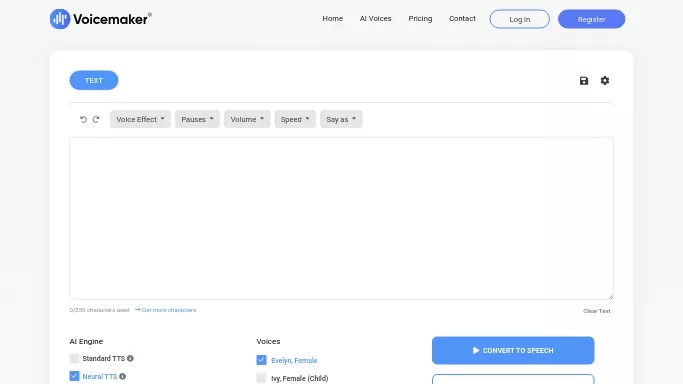 VoiceMaker — бесплатная нейросеть   для создания голоса. Бесплатная версия с ограниченным функционалом, есть платные тарифы.