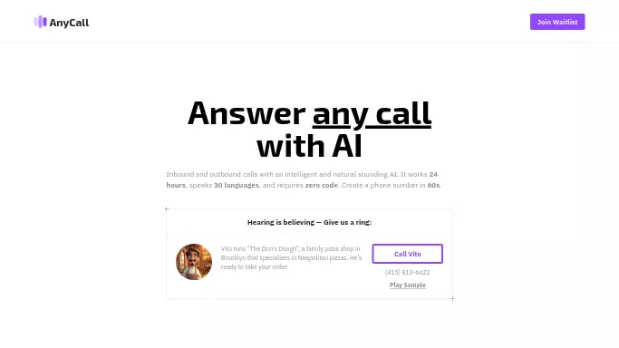 AnyCall.ai — бесплатная нейросеть   — чат-бот,  для повышения продуктивности. Бесплатная версия с ограниченным функционалом, есть платные тарифы.