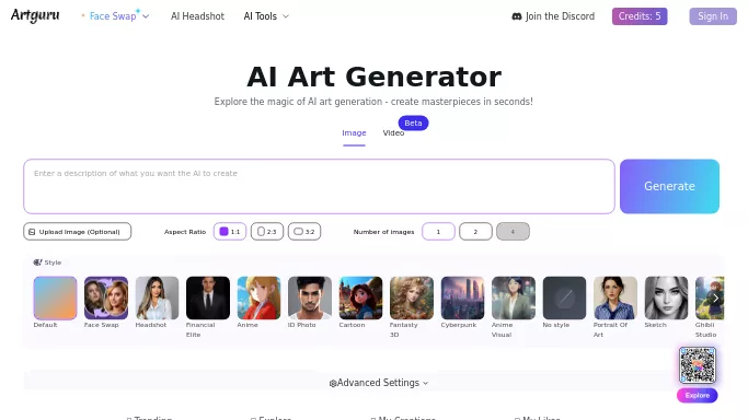 Artguru — бесплатная нейросеть   для создания изображений,  для дипфейк(deepfake). Бесплатная версия с ограниченным функционалом, есть платные тарифы.