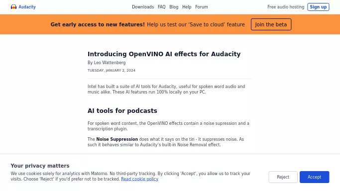 OpenVINO by Audacity — бесплатная нейросеть   для редактирования аудио,  для создания музыки. 