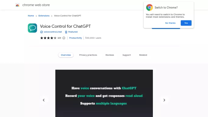 Voice Control for ChatGPT — бесплатная нейросеть  — полезные ИИ, , расширения ChatGPT. 