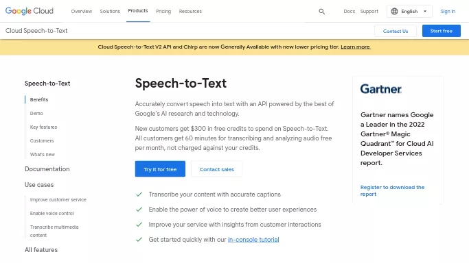Google Cloud Speech to Text — платная нейросеть   для разработки,  для создания голоса. Бесплатная версия с ограниченным функционалом, есть платные тарифы.
