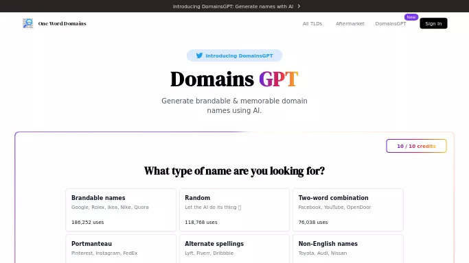 DomainsGPT — бесплатная нейросеть   для маркетинга,  для создания логотипа,  для копирайтинга. Бесплатная версия с ограниченным функционалом, есть платные тарифы.