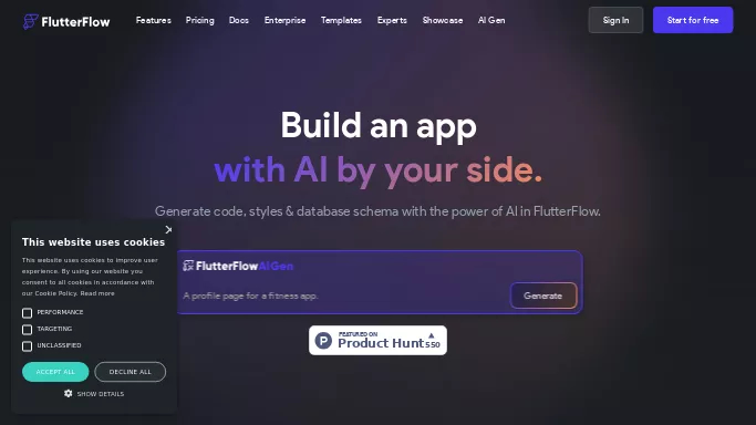 FlutterFlow AI Gen — бесплатная нейросеть   для разработки программного обеспечения. Бесплатная версия с ограниченным функционалом, есть платные тарифы.