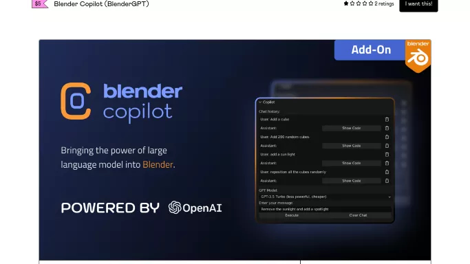 Blender Copilot — бесплатная нейросеть   для 3D и анимации. Бесплатная версия с ограниченным функционалом, есть платные тарифы.