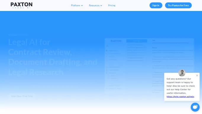 Paxton AI — бесплатная нейросеть   в области права,  — чат-бот,  для маркетинга,  для повышения продуктивности. Бесплатная версия с ограниченным функционалом, есть платные тарифы.