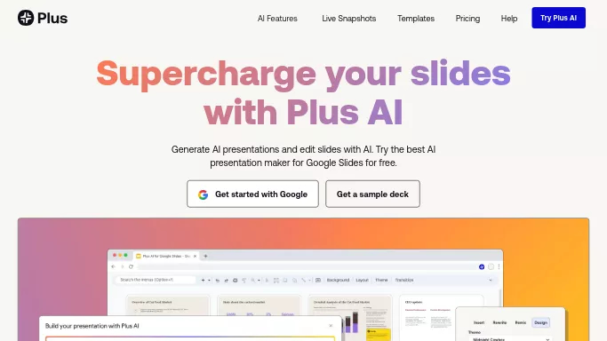 Plus AI for Google Slides — бесплатная нейросеть   для создания презентаций. Бесплатная версия с ограниченным функционалом, есть платные тарифы.