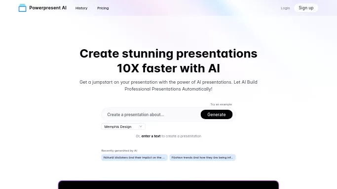 Powerpresent AI — платная нейросеть   для создания презентаций. Бесплатная версия с ограниченным функционалом, есть платные тарифы.