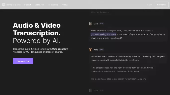 AI Transcription by Riverside — бесплатная нейросеть   для транскрибации аудио и видео,  для повышения продуктивности,  для помощи в образовании. 