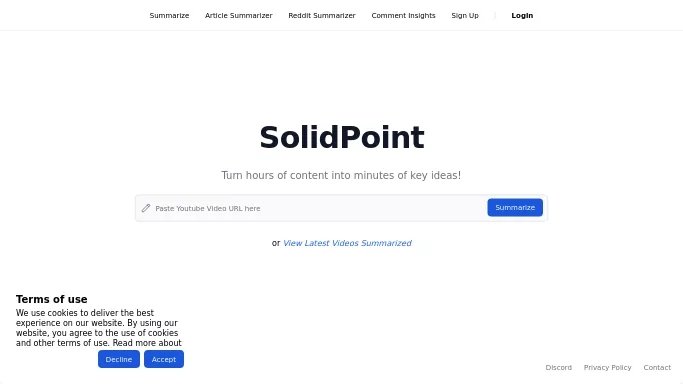 SolidPoint — бесплатная нейросеть   для суммаризации текста,  для повышения продуктивности,  в образовании,  для транскрибации аудио и видео. 