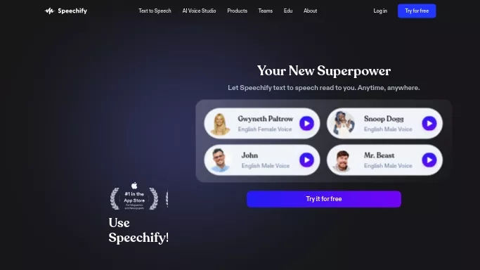 Speechify — бесплатная нейросеть   для создания голоса. Бесплатная версия с ограниченным функционалом, есть платные тарифы.