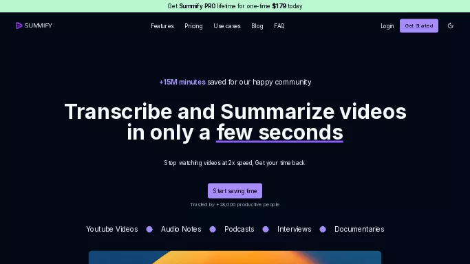 Summify — бесплатная нейросеть   для суммаризации текста,  для повышения продуктивности,  для помощи в образовании,  для транскрибации аудио и видео. Бесплатная версия с ограниченным функционалом, есть платные тарифы.