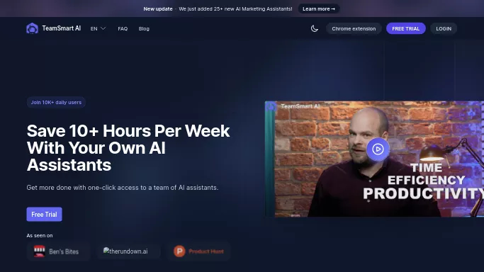 TeamSmart AI — платная нейросеть  , расширения ChatGPT,  для повышения продуктивности. Бесплатная версия с ограниченным функционалом, есть платные тарифы.